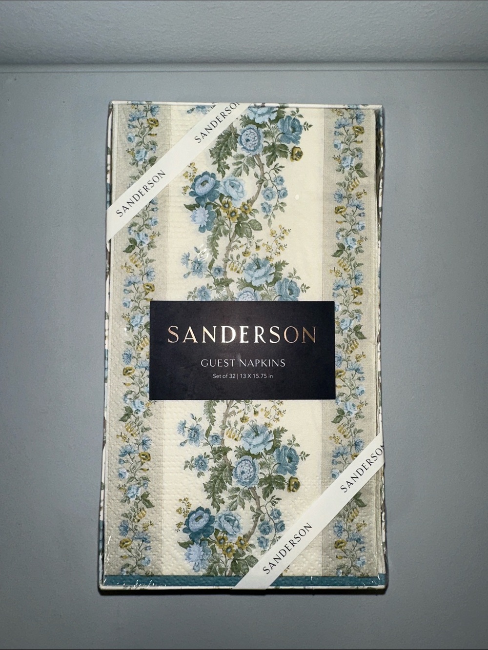 SANDERSON ivory blue green yellow floral vines 32 Guest Paper Napkins in a Box